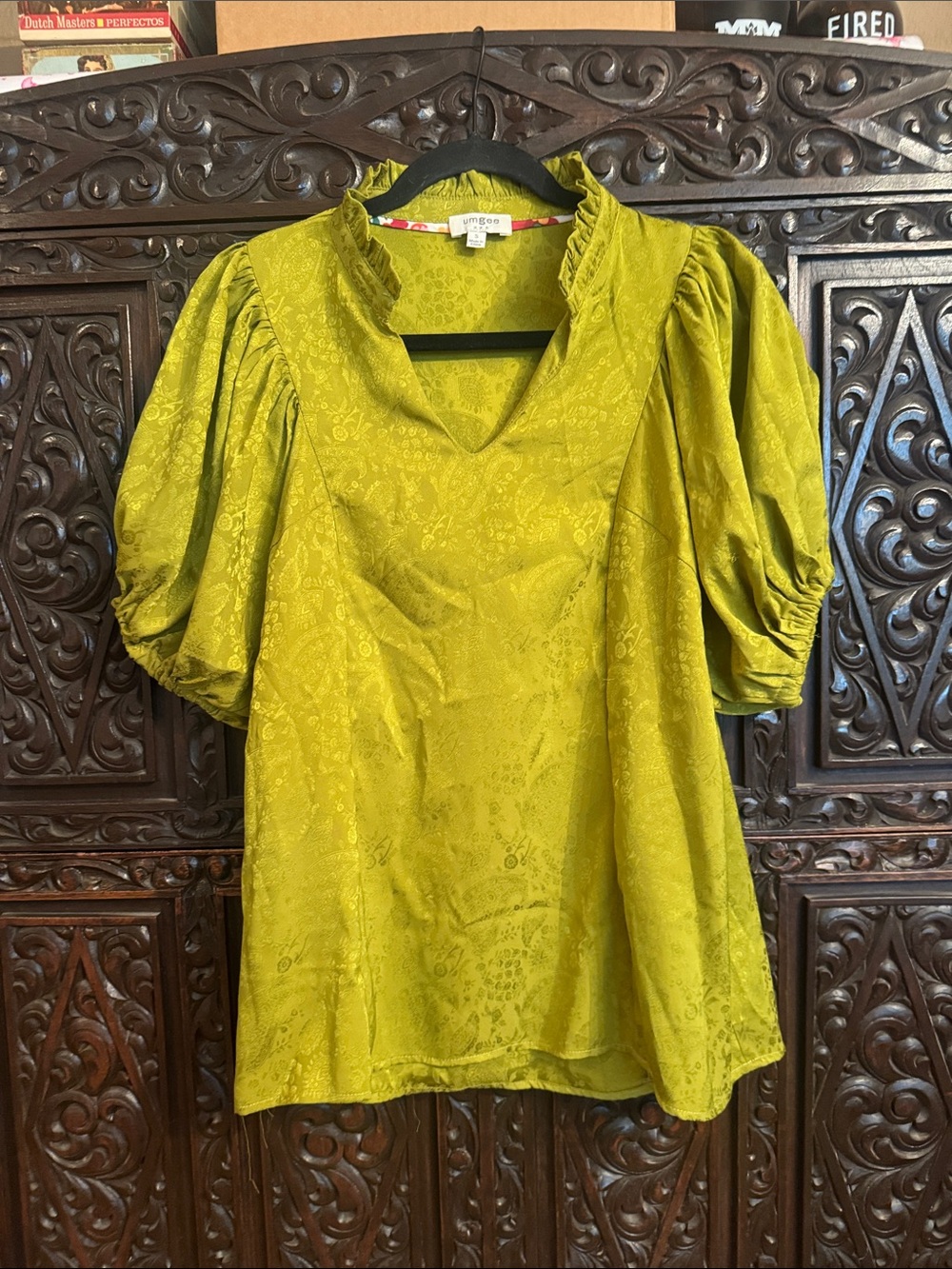 Umgee Chartreuse Puff-Sleeve V-Neck Blouse